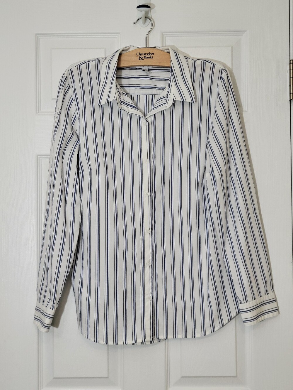 Nine West Classic White Blue Striped Button Down Top Size XL